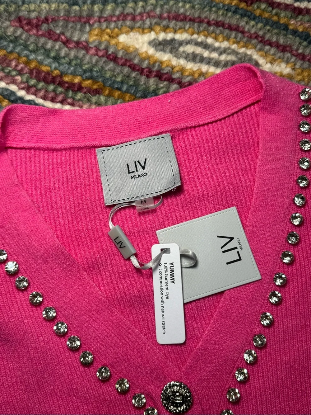 🪩🩷💕 Milano Hot Pink V-Neck Crystal-Trim Bling Embellished Cardigan Sweater 💕🩷🪩 - Picture 8 of 9